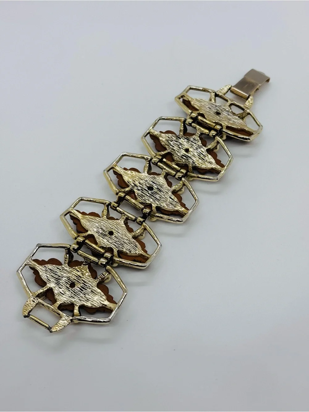 Vintage 1950s–1960s Selini Faux Wood & Gold-Tone Panel Link Bracelet SIGNED